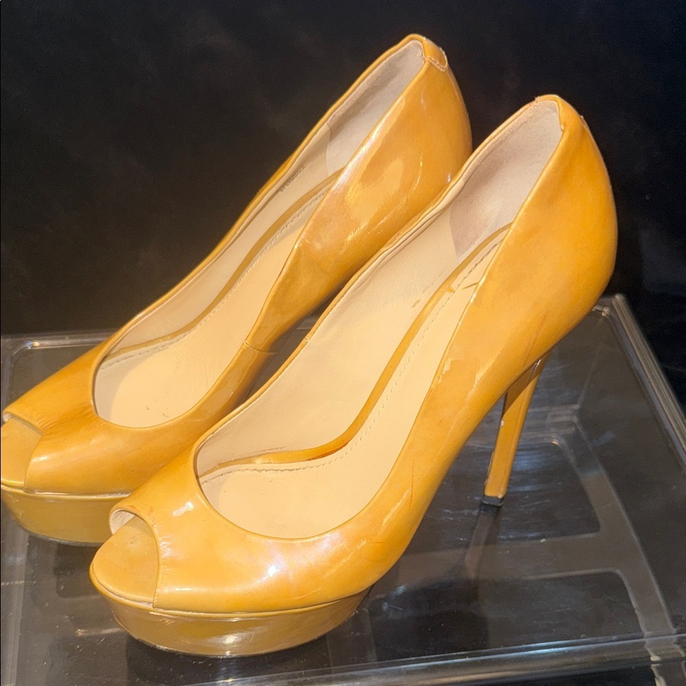 Brian Atwood Mustard Yellow Peep-Toe Heels